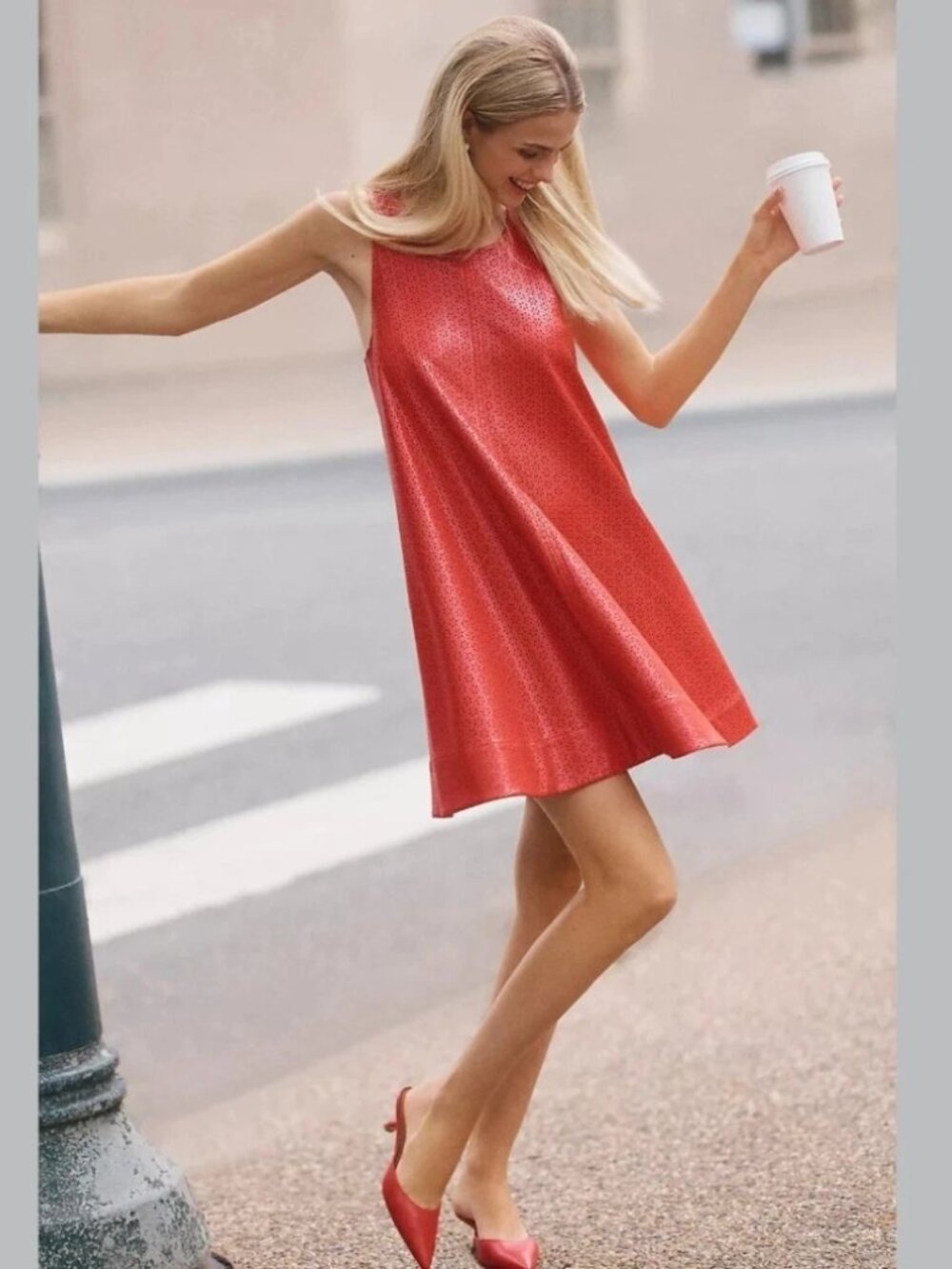 Maeve Swing Red Keiko Faux Leather Cutwork Mini Dress - True Red